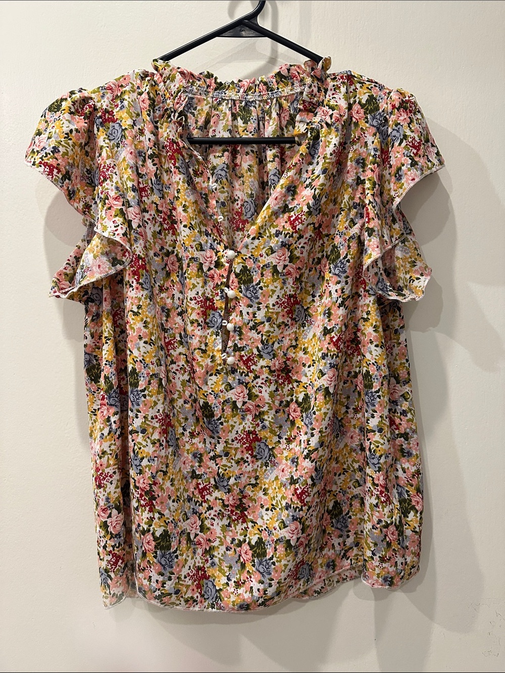 SHEIN Pink Multi Floral Ruffle Sleeve Blouse